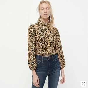 J.Crew Leopard Ruffle Neck Long Sleeve Top Size Medium